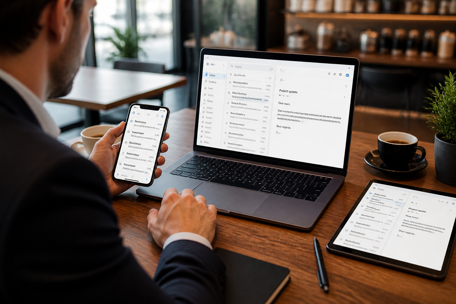 Person checking email across laptop and phone