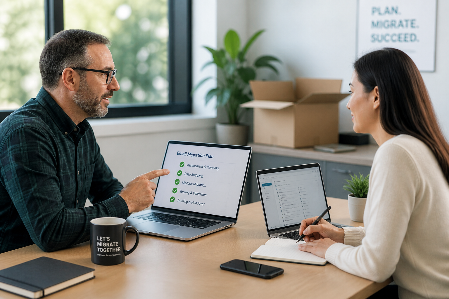 Colleagues planning an email migration at a conference table